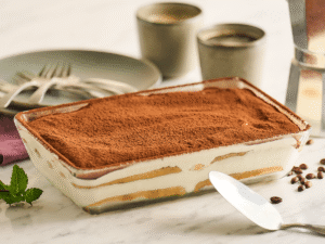 gluten-free dairy-free tiramisu with raw cacao dusting on top