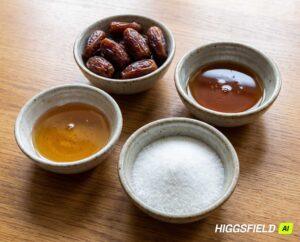 Four natural sweeteners in small bowls: dates, maple syrup, agave, monk fruit