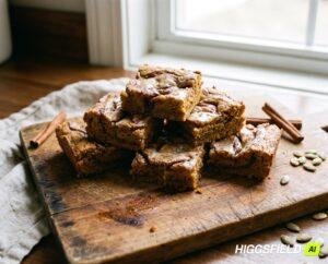 Stack of cinnamon pumpkin blondies on a wooden board